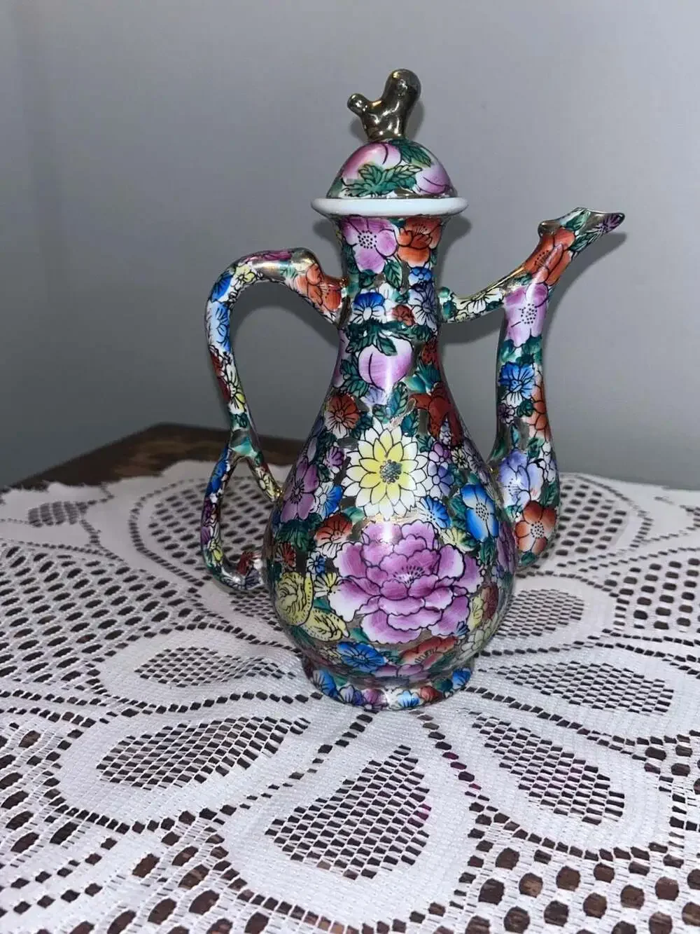 Vintage Chinese Famille Rose Mille Fleur Porcelain Ewer/Tea Pitcher